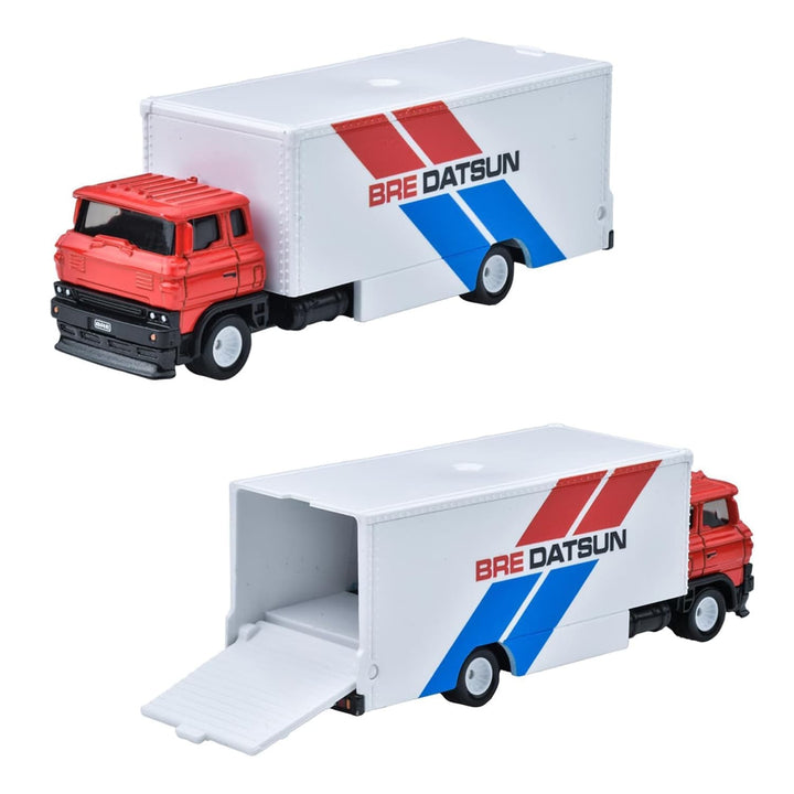 Front and back view of a BRE Datsun branded toy truck