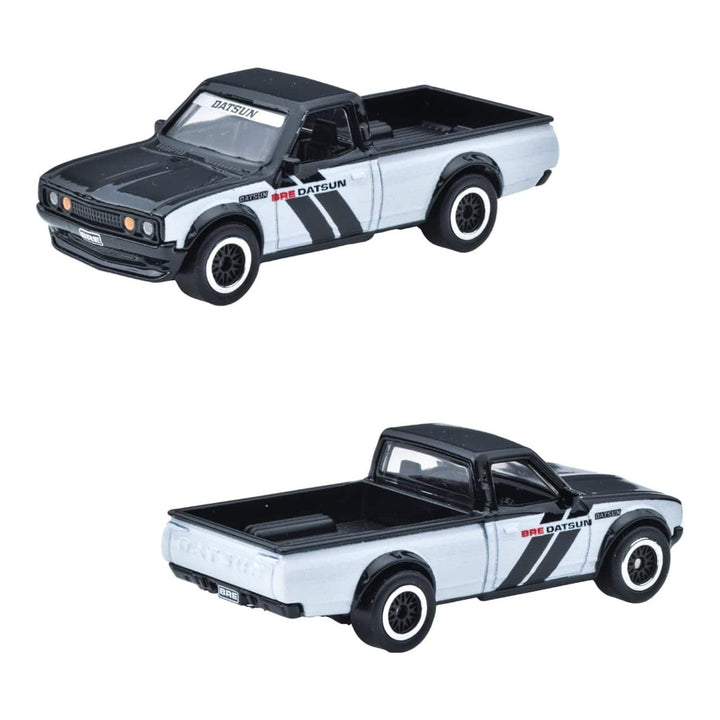 Front and back view of a black and white Datsun pick up truck
