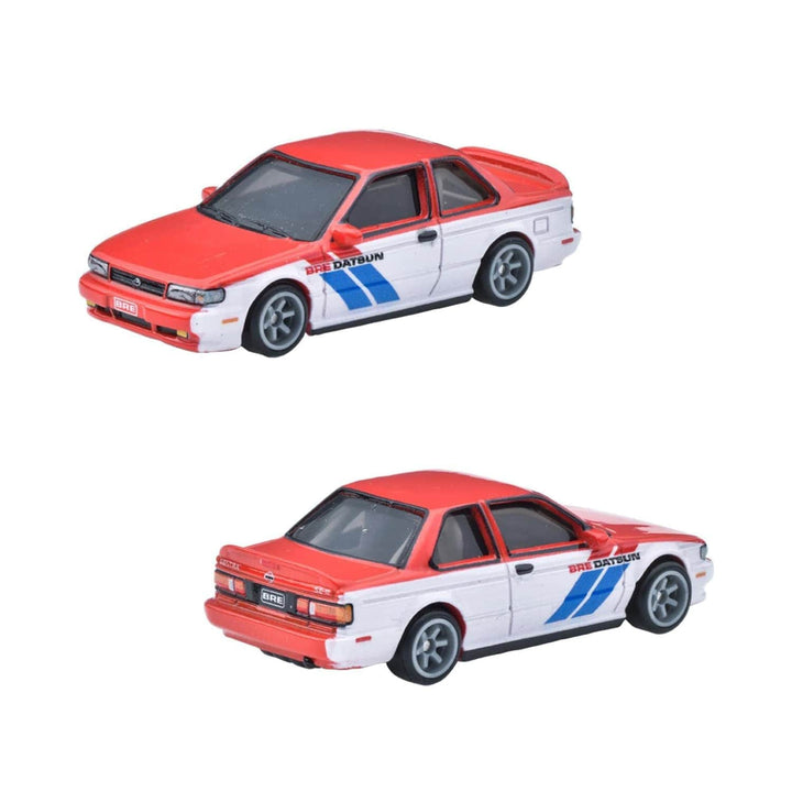 Front and back view of a red and white BRE Datsun branded die-cast car