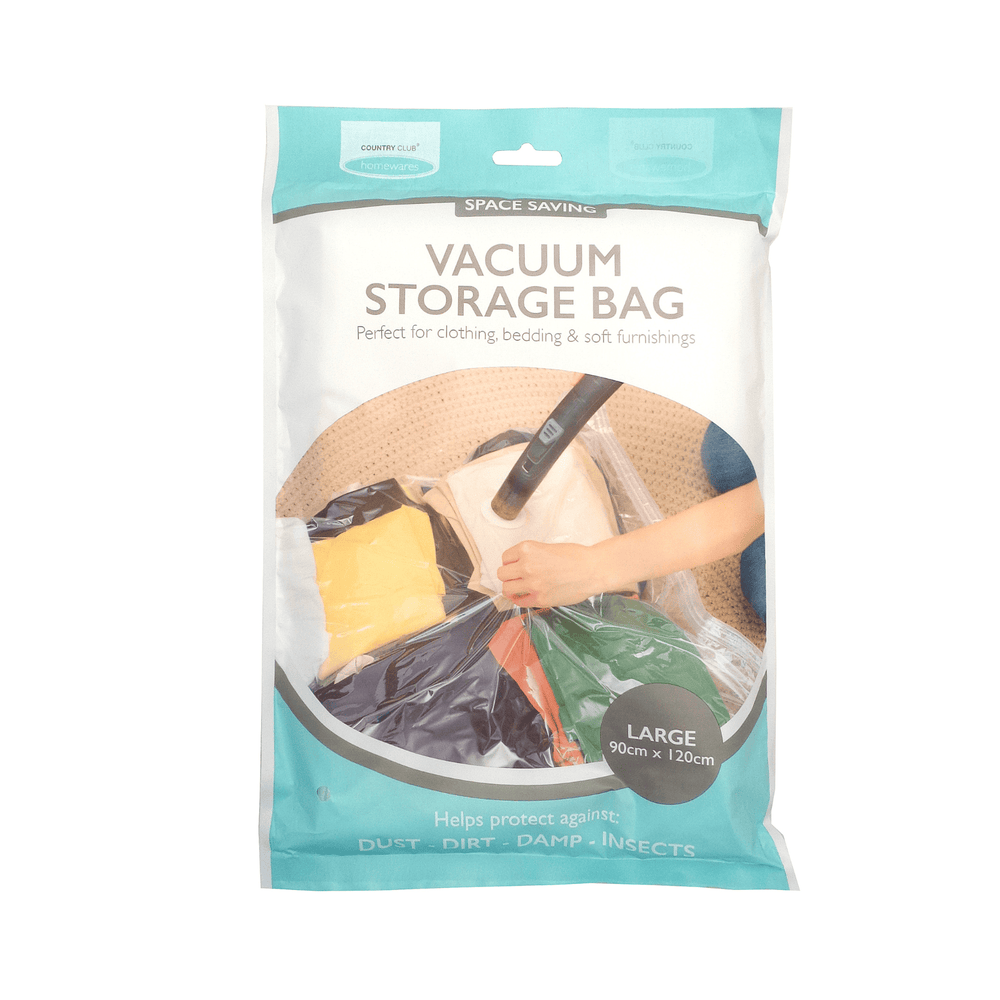 Vacuum storage bag packaging with a hand holding a bag inside, on a white background.