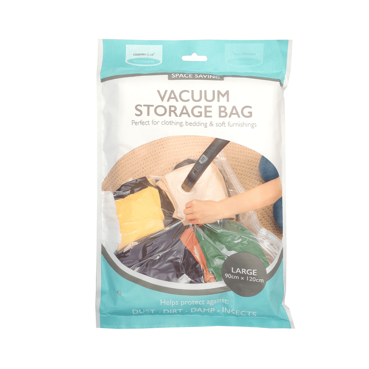 Vacuum storage bag packaging with a hand holding a bag inside, on a white background.
