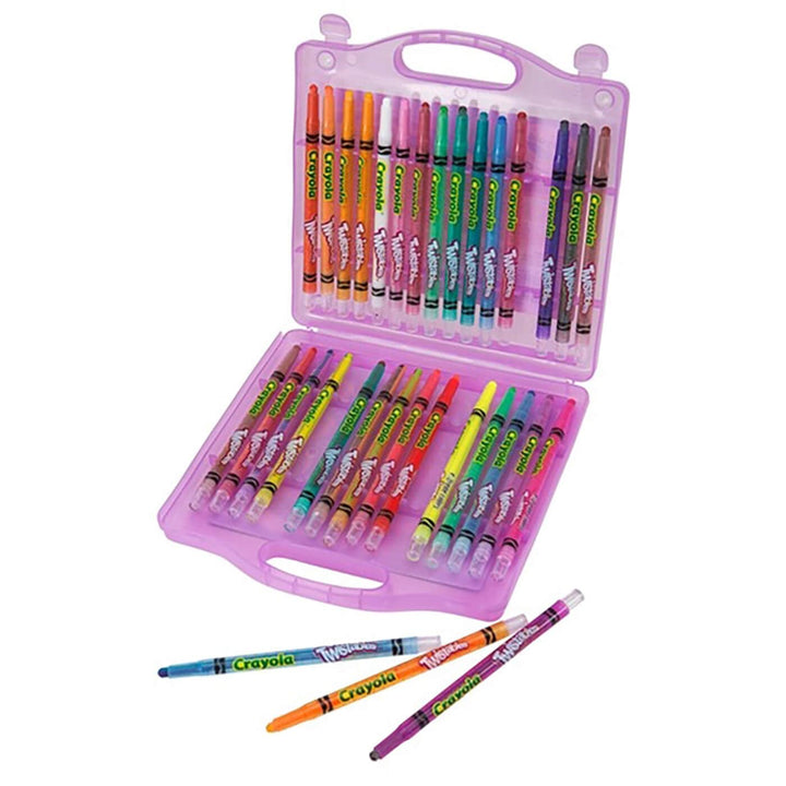 Crayola Twistables Case in pink open to show 32 crayons