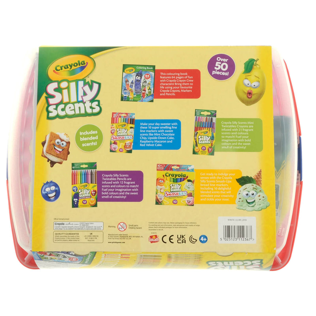 Base of a Crayola Silly Scents box with over 50 pieces of art fun
