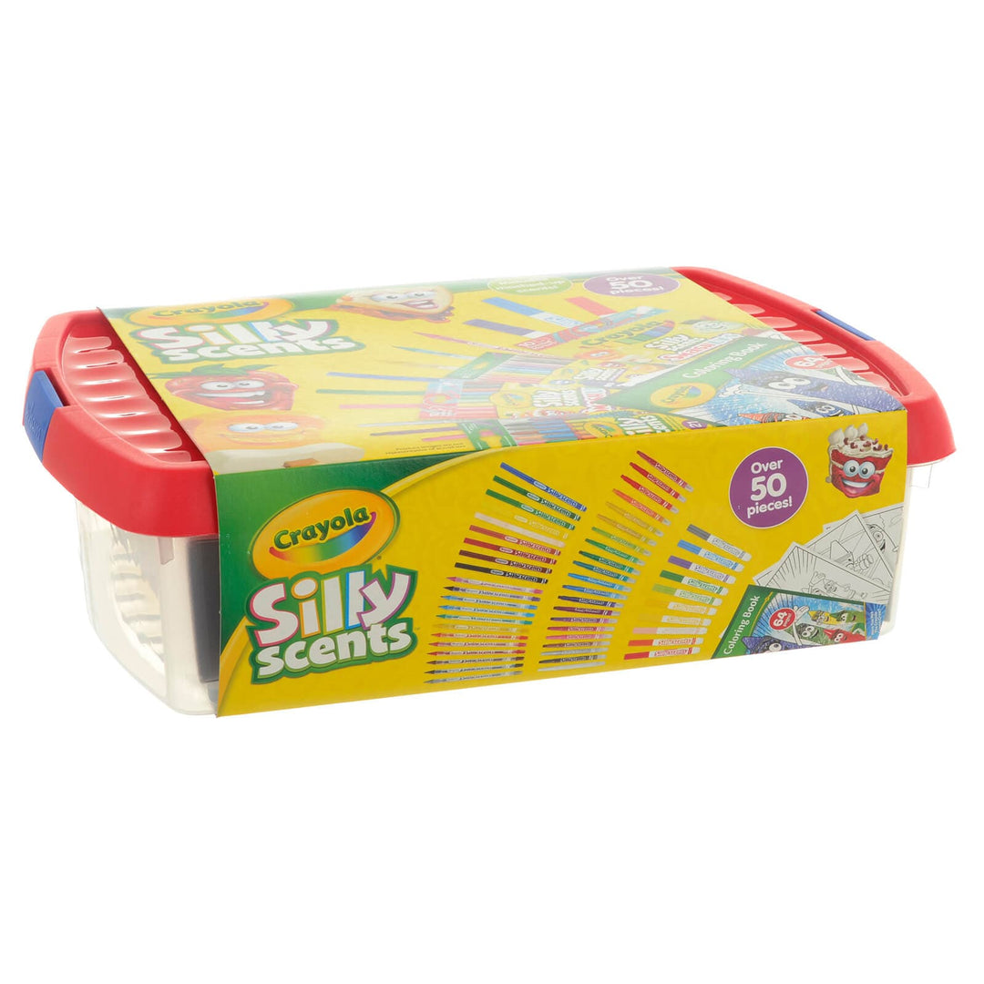 Side view of a Crayola Silly Scents box of art materials