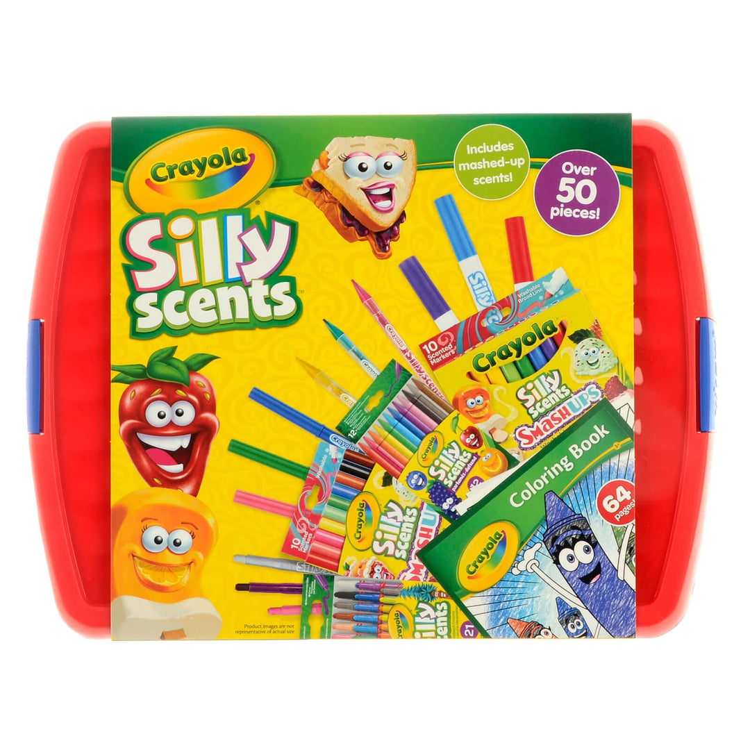 Crayola Silly Scents tub with over 50 pieces and a colouring book