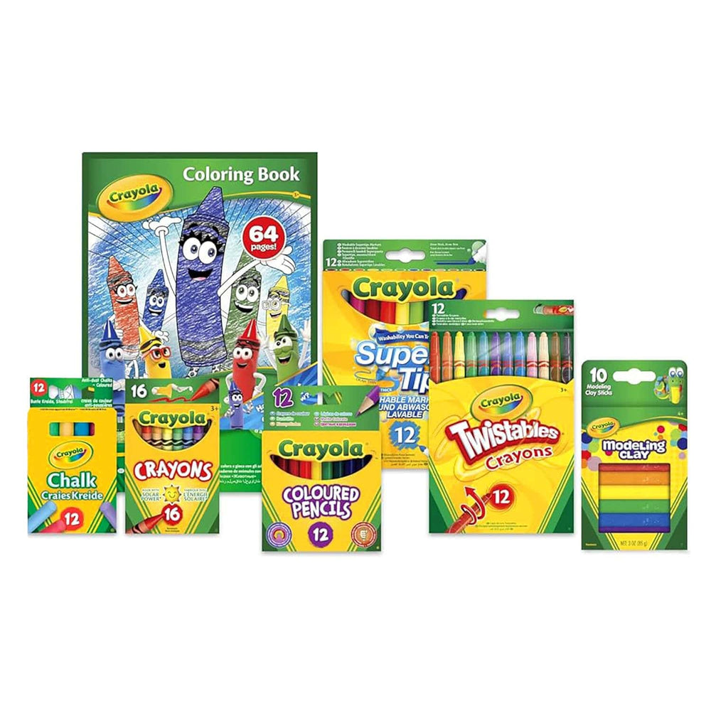 A selection of Crayola arts products and a colouring book