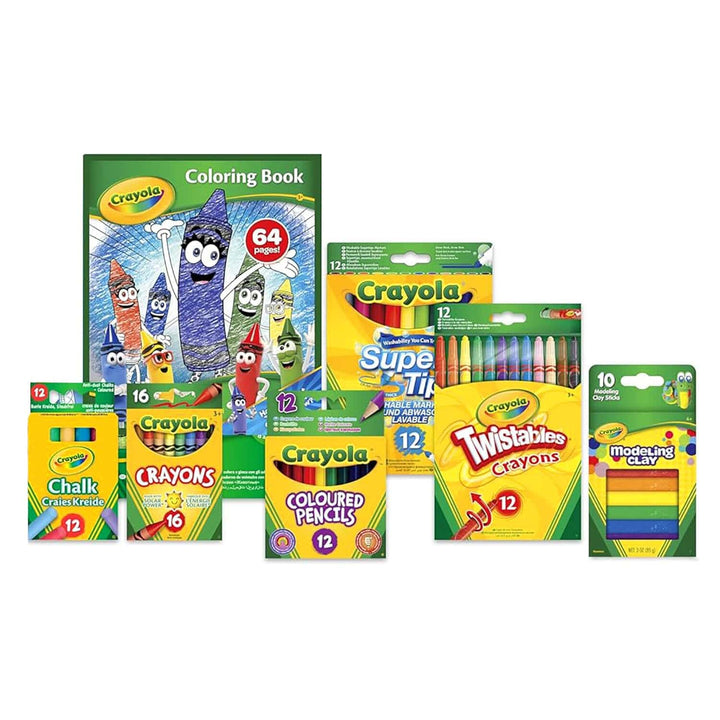 A selection of Crayola arts products and a colouring book