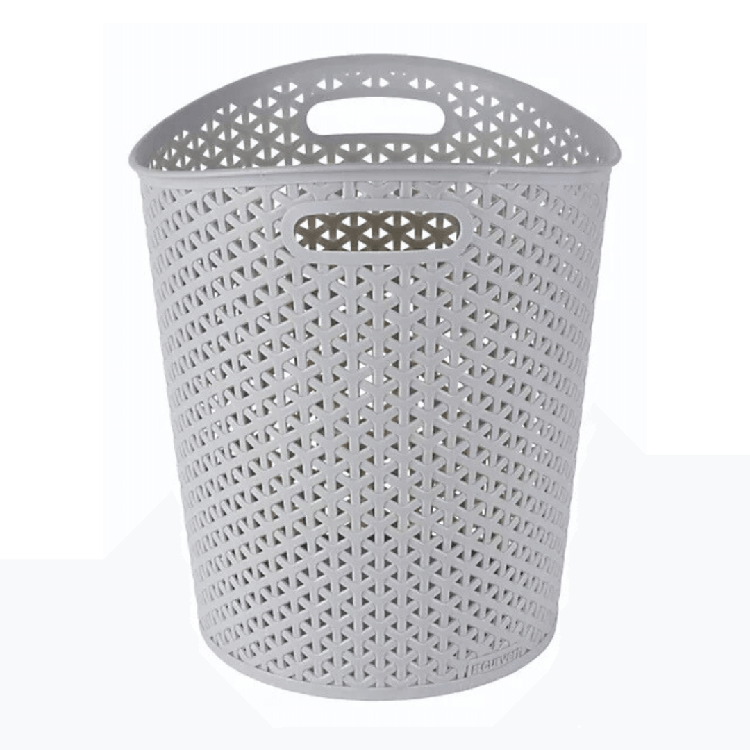 front view of faux rattan paper bin 