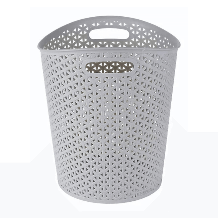 front view of faux rattan paper bin 