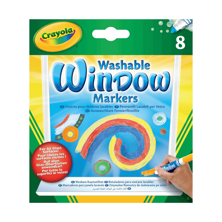 crayola washable window markers in cardboard packaging with crayola logo and graphic of design on window