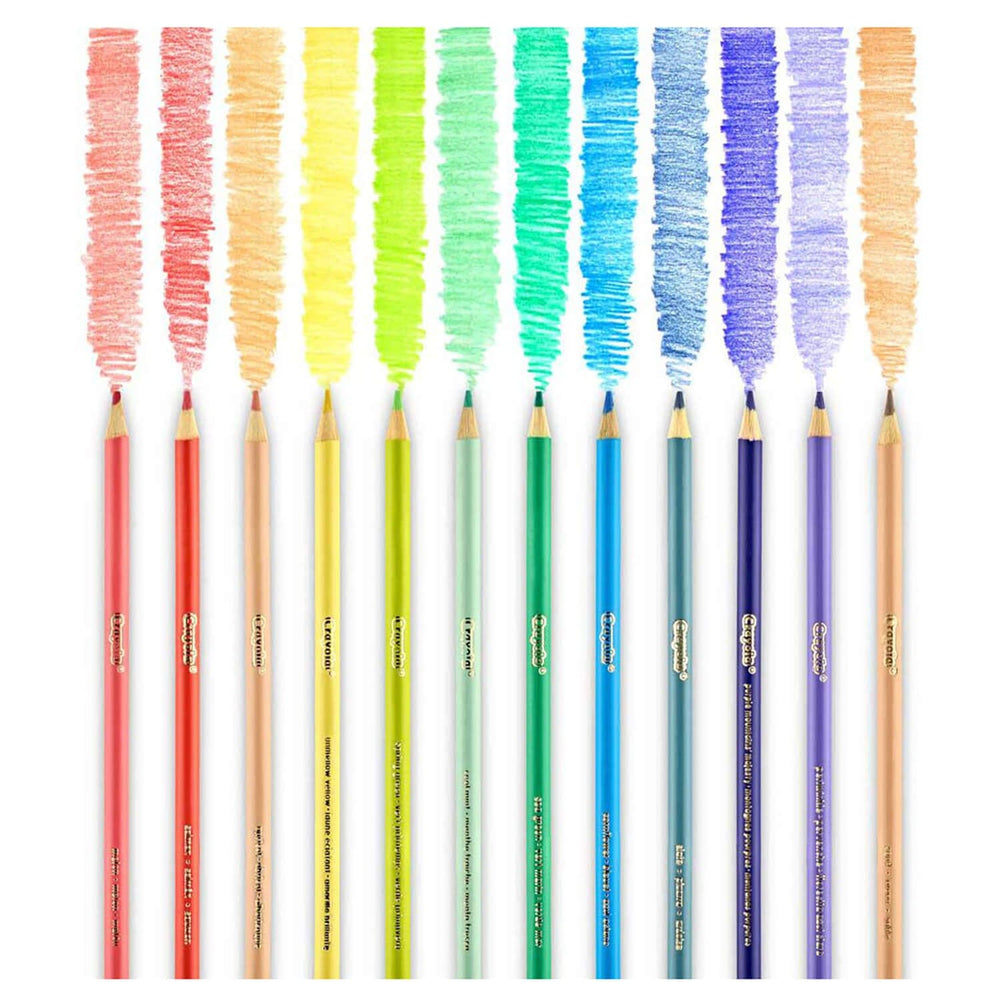 12 pastel coloured pencils with sample lines of colours from the lead