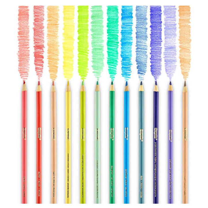 12 pastel coloured pencils with sample lines of colours from the lead