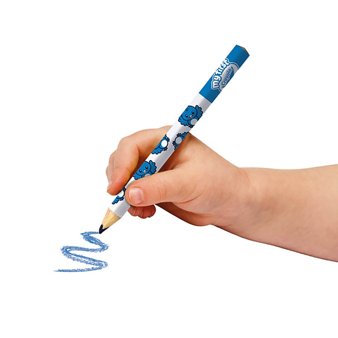 Child holding a My First Crayola jumbo pencil with bluebird print