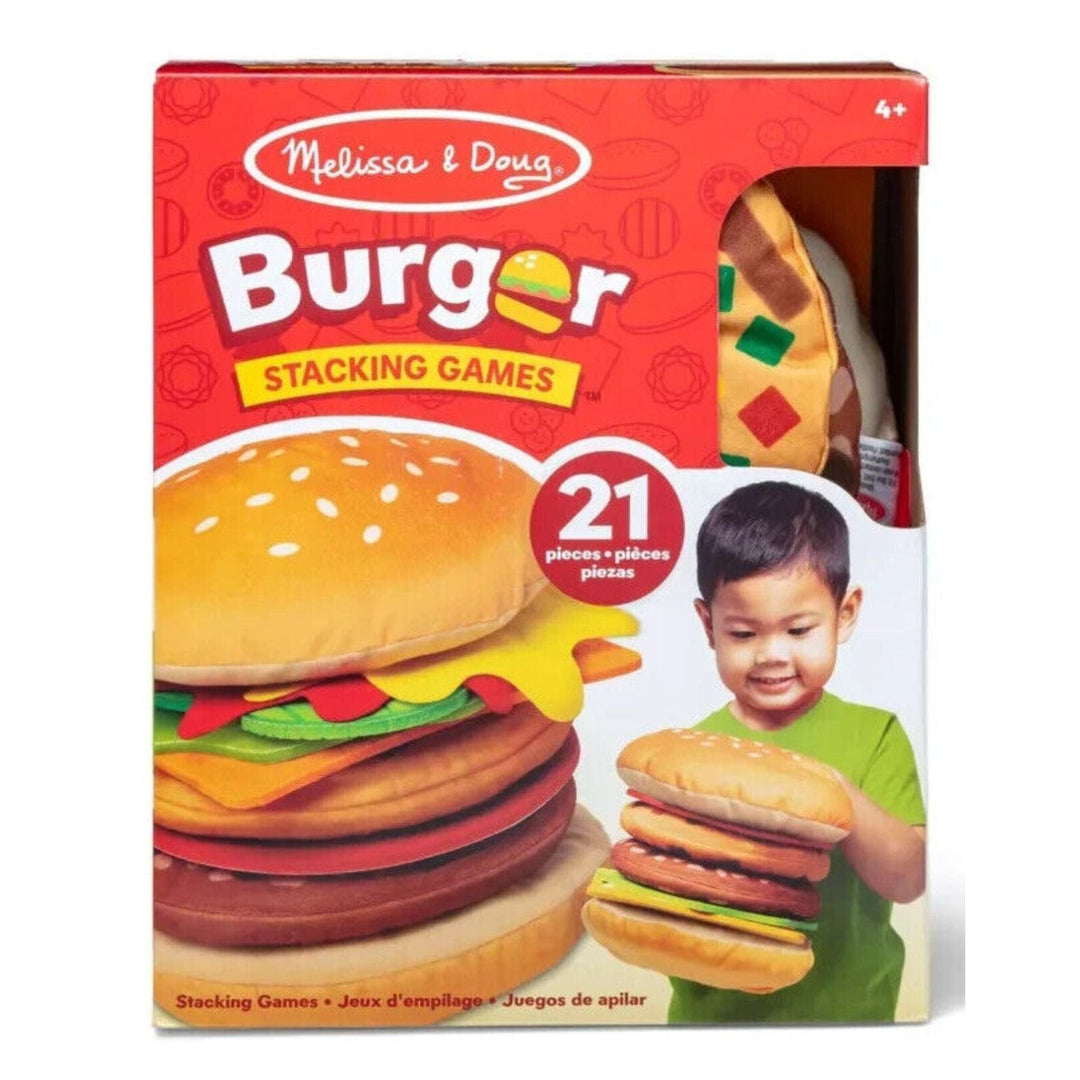 melissa & doug burger stacking game in cardboard box with 21 pieces included