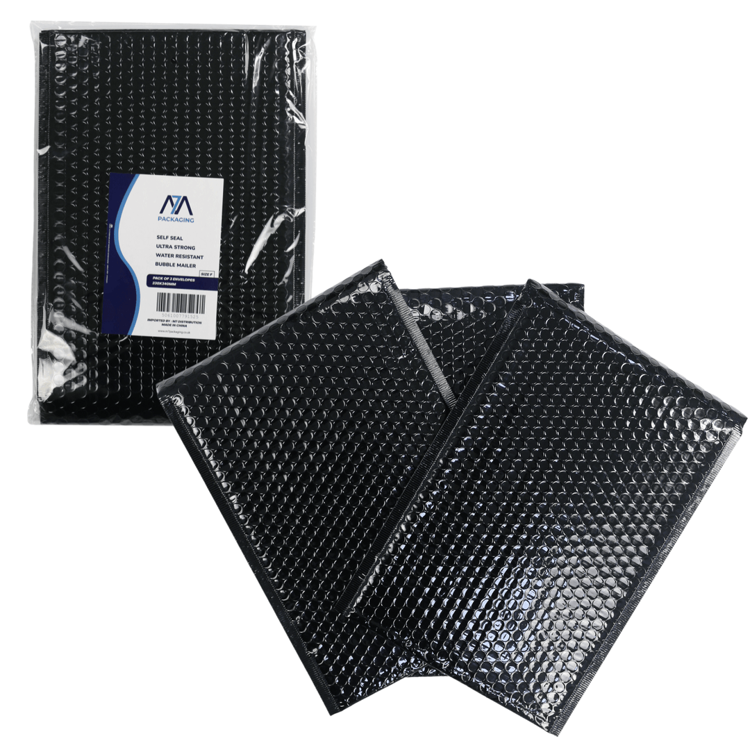 Size F pack of 3 bubble mailers on white background with cellophane packaging with M7 branding