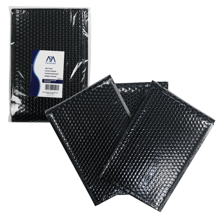 Size F pack of 3 bubble mailers on white background with cellophane packaging with M7 branding