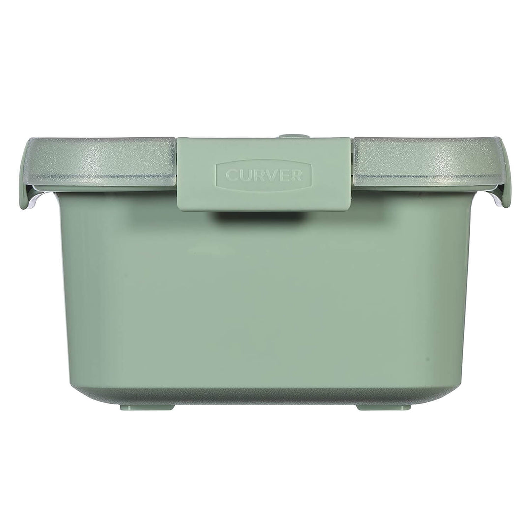 Side view of a sage green food storage tub with clip lock lid