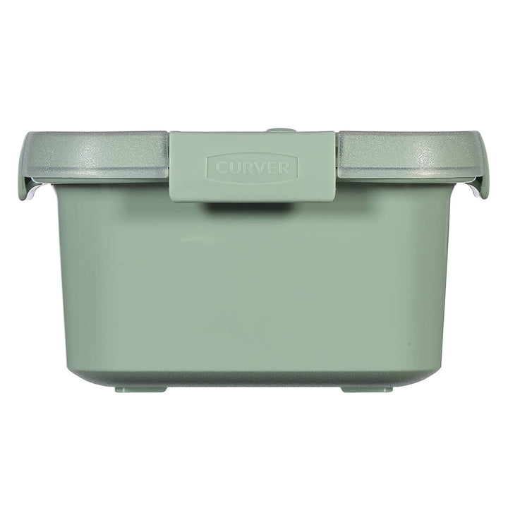Side view of a sage green food storage tub with clip lock lid