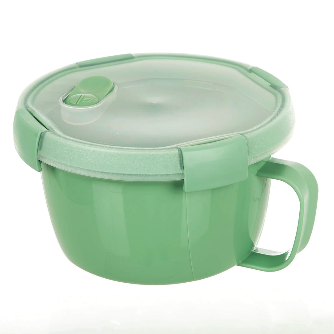 Green soup bowl with lid and handle for microwave heating