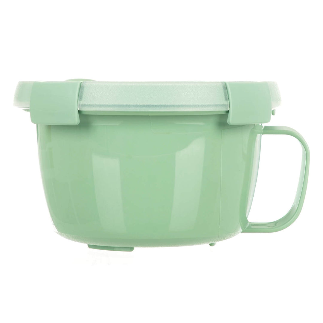 Side view of a green soup mug with handle
