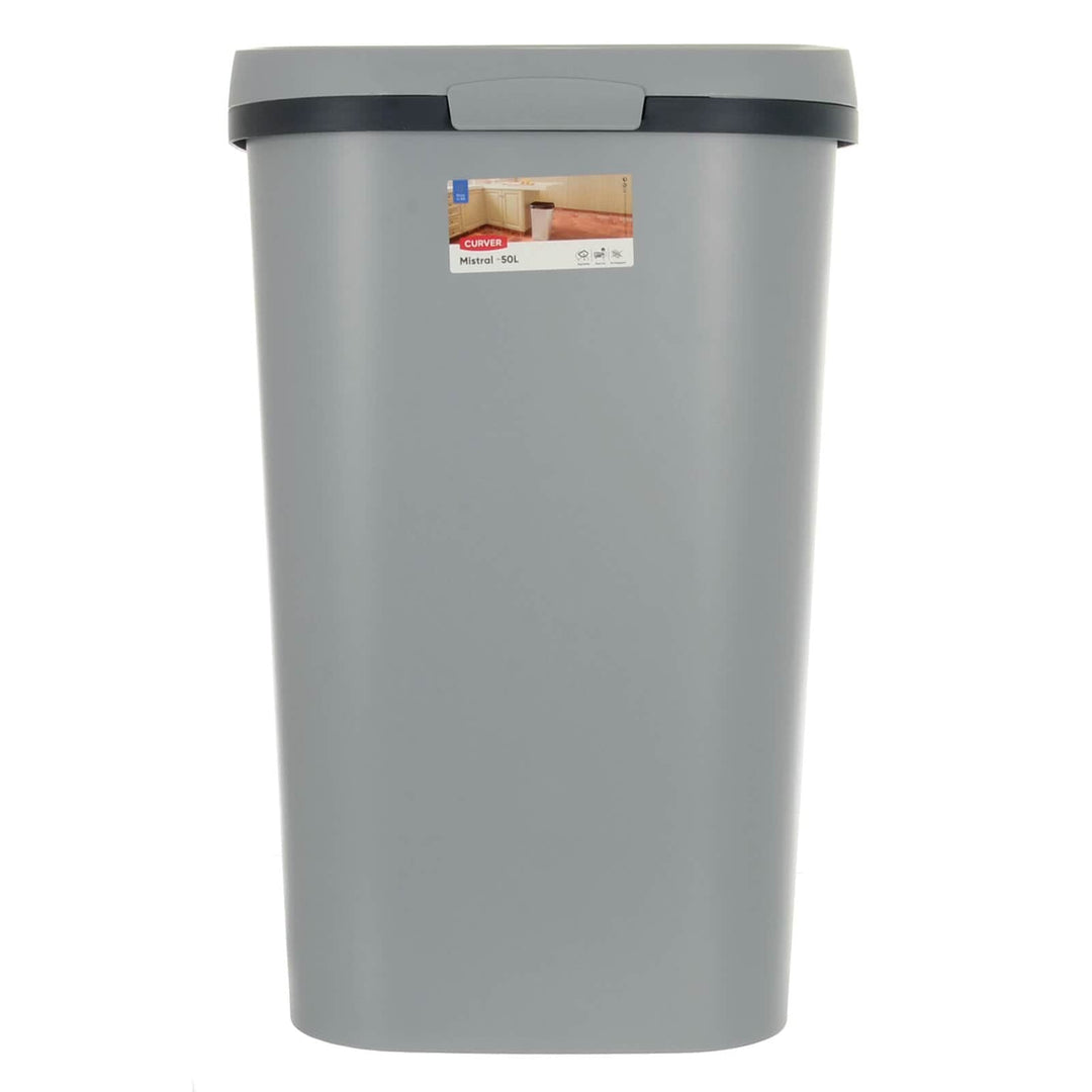 Front view of a grey and black flat top kitchen waste bin