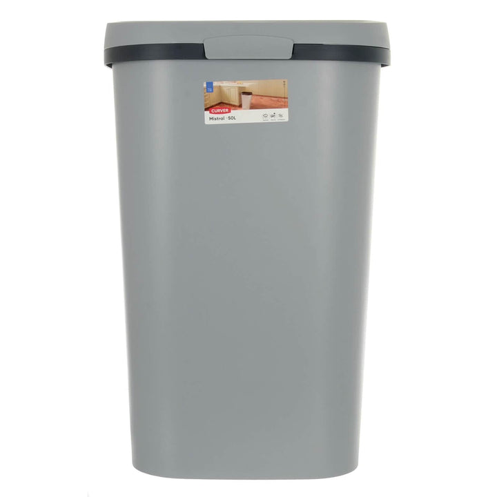 Front view of a grey and black flat top kitchen waste bin