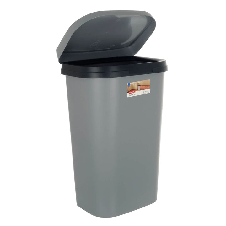 Grey Mistral 50L kitchen bin with lid open to show the bag holder