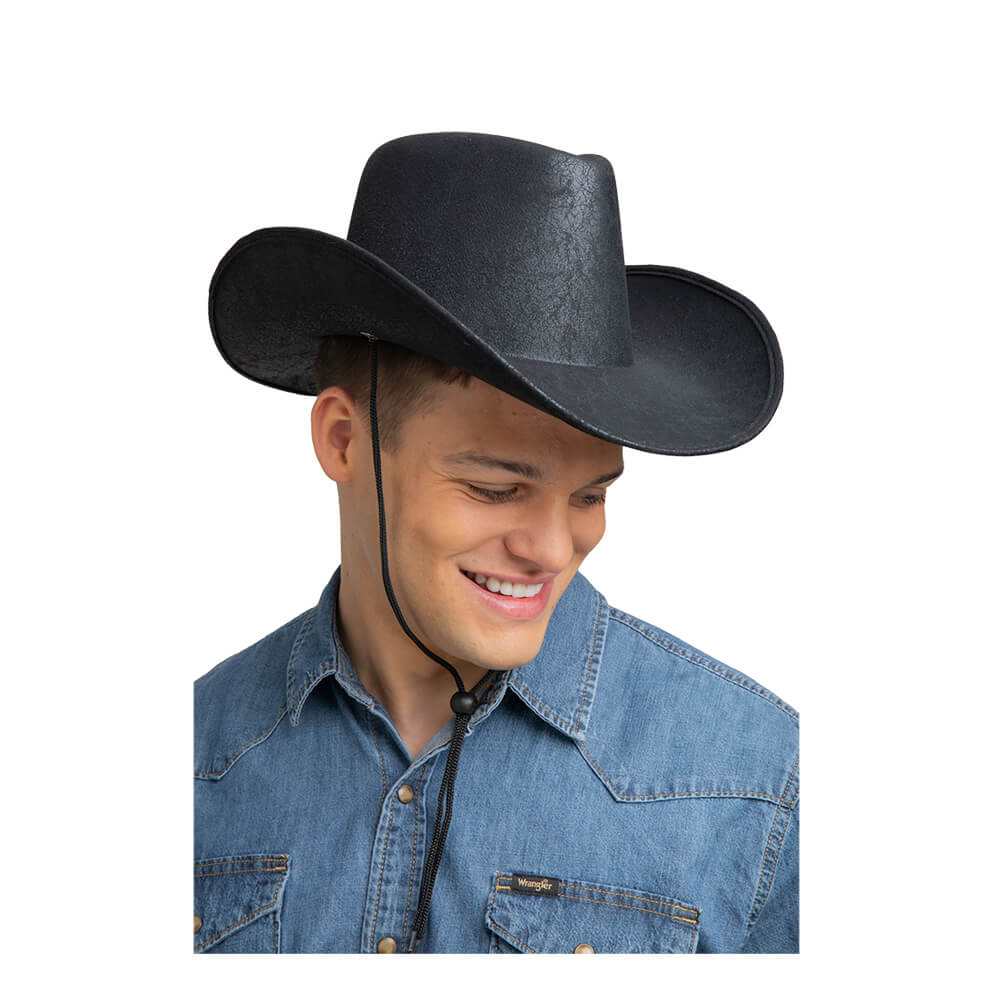 Man wearing a black faux leather cowboy hat with chin strap for fancy dress costumes