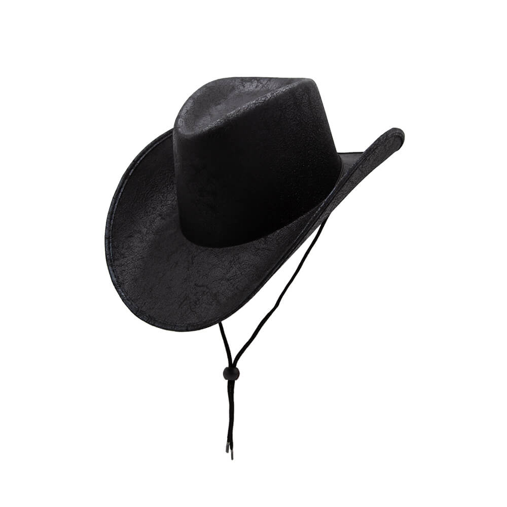 Black Texan cowboy hat with neck cord for WIld West or stag night fancy dress