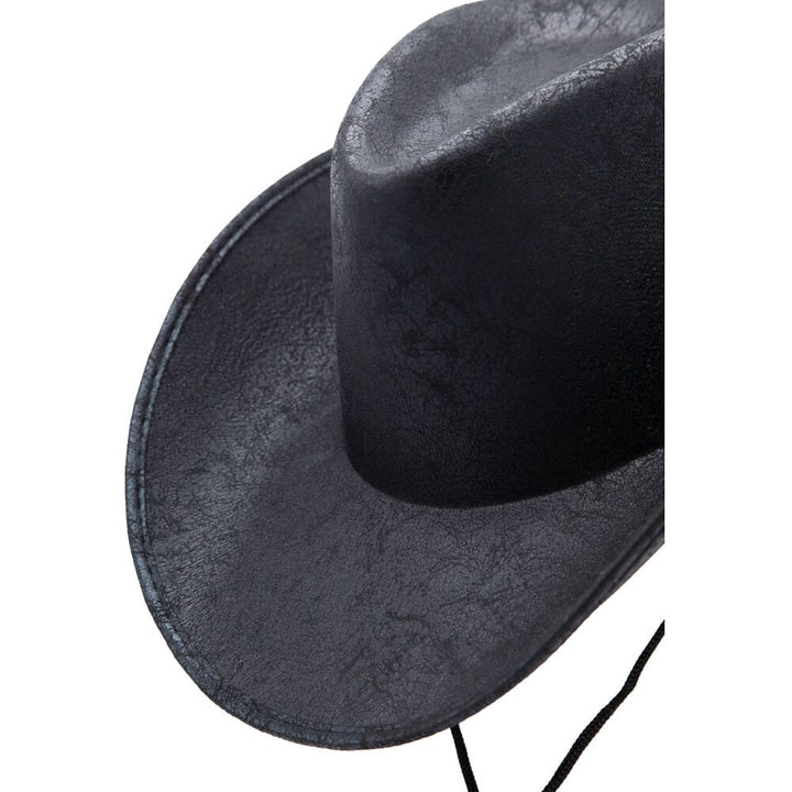 Close up of a black faux leather cowboy hat for Halloween
