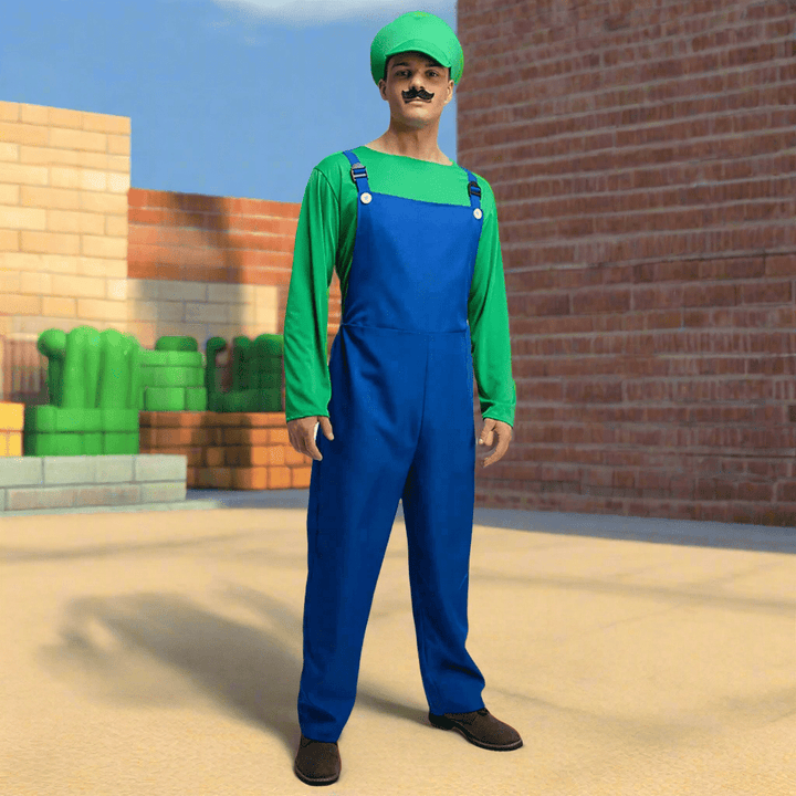 Mens Super Plumber Brothers Boiler Suit Hat Fancy Dress Costume