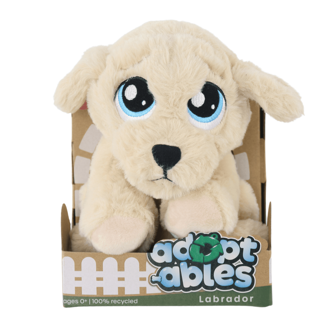 adoptables soft cream colour labrador dog toy in kennel style cardboard packages with ages 0+ and 100% recycled on packaging