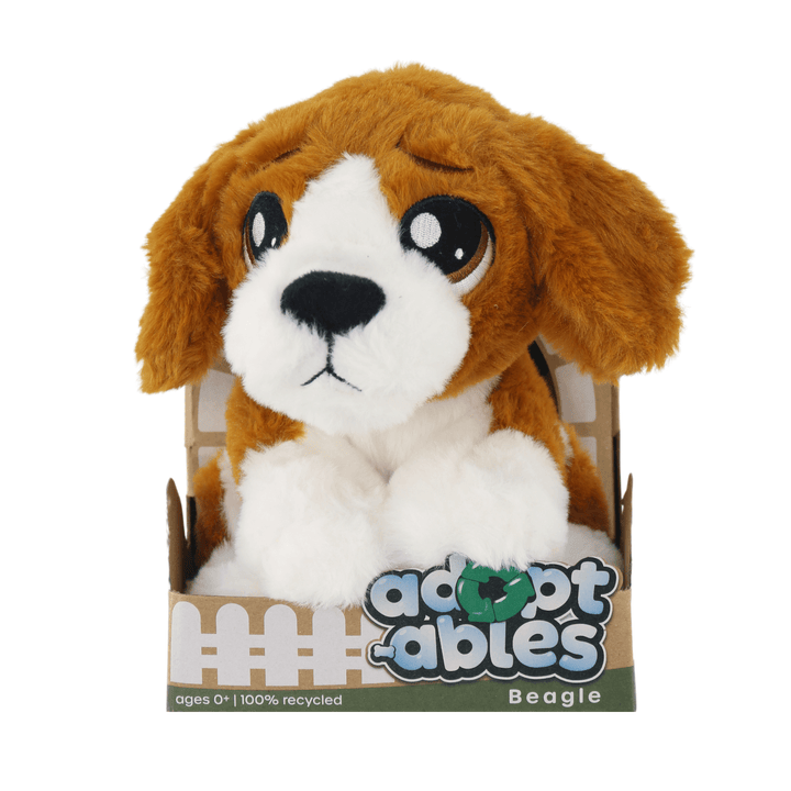 adoptables soft brown and white beagle dog toy in kennel style cardboard packages with ages 0+ and 100% recycled on packaging