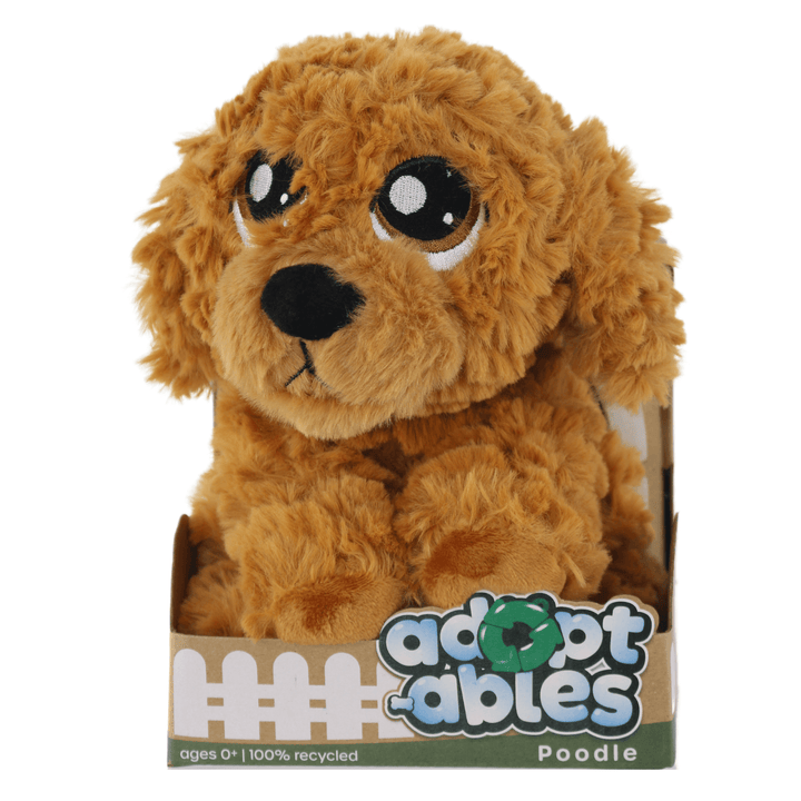adoptables soft brown poodle dog toy in kennel style cardboard packages with ages 0+ and 100% recycled on packaging