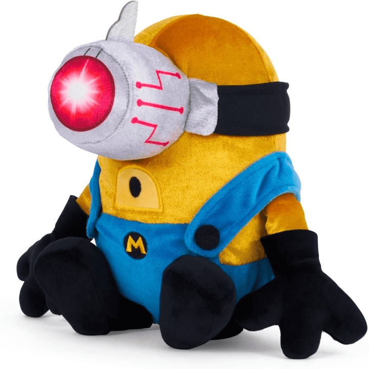 side view of mega minions soft toy with flash light 3D googles and blue denim style overalls 