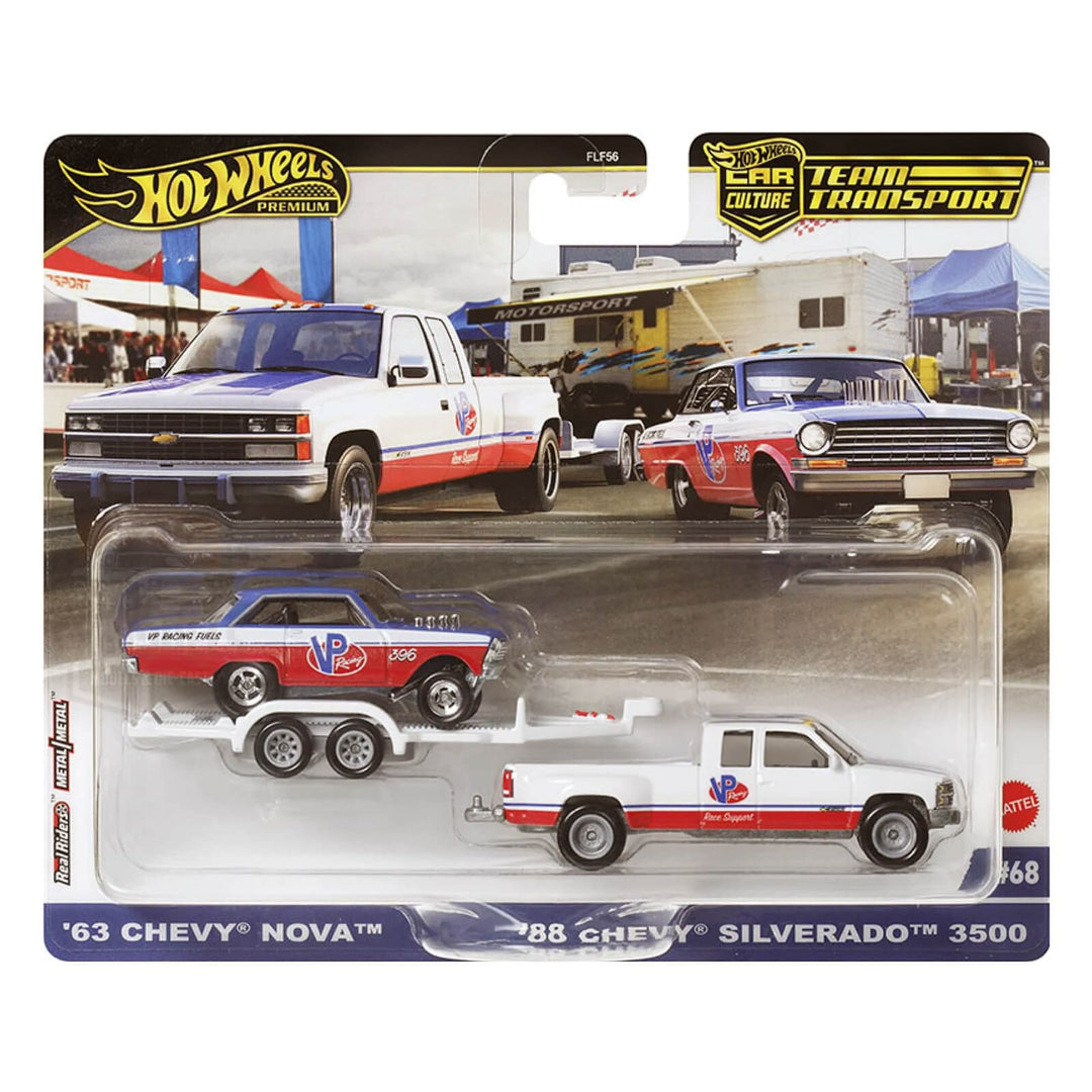 Hot Wheels Team Transport Chevy number 68 with 2 die-cast vehicles