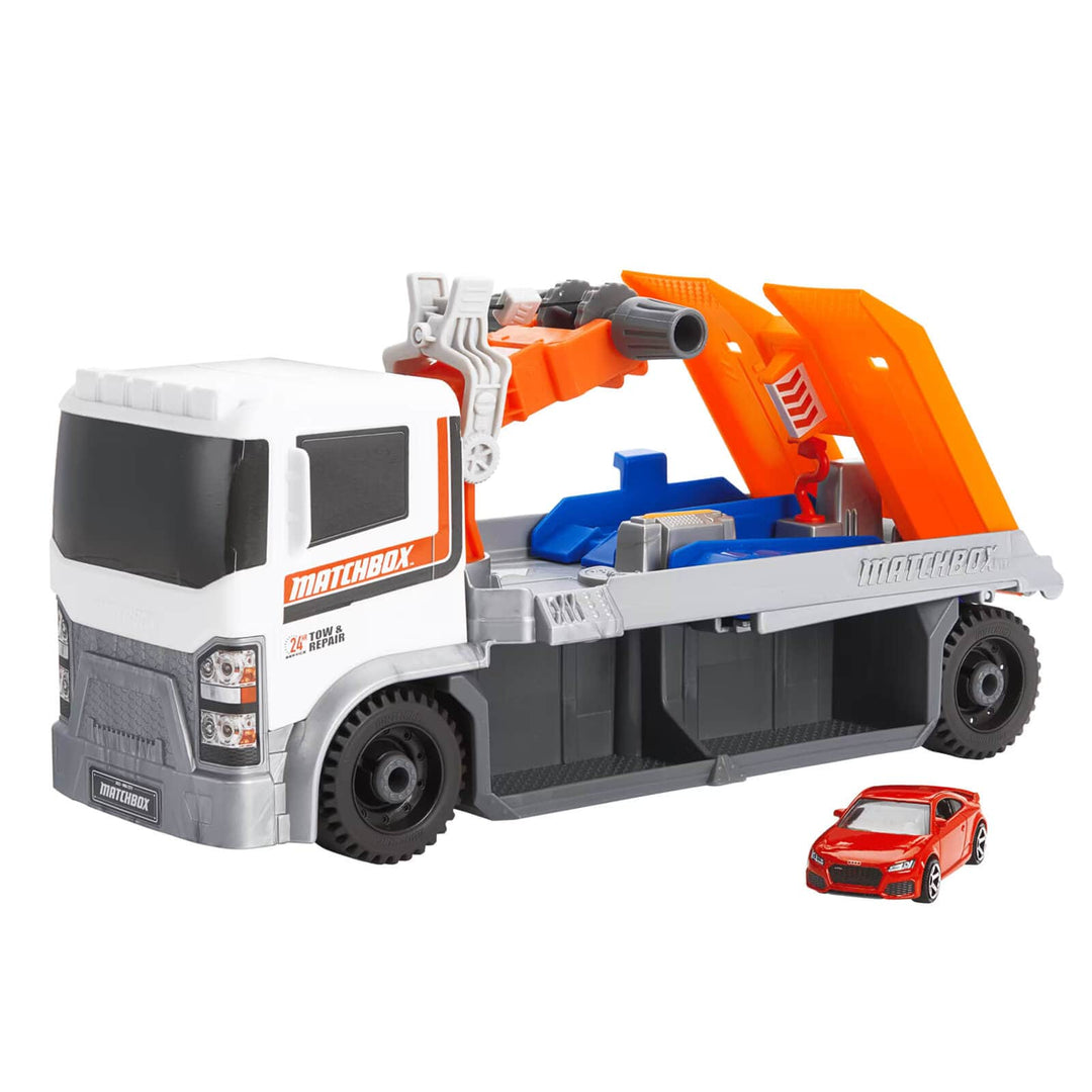 Large Matchbox action drivers tow and repair truck with red audi tt car
