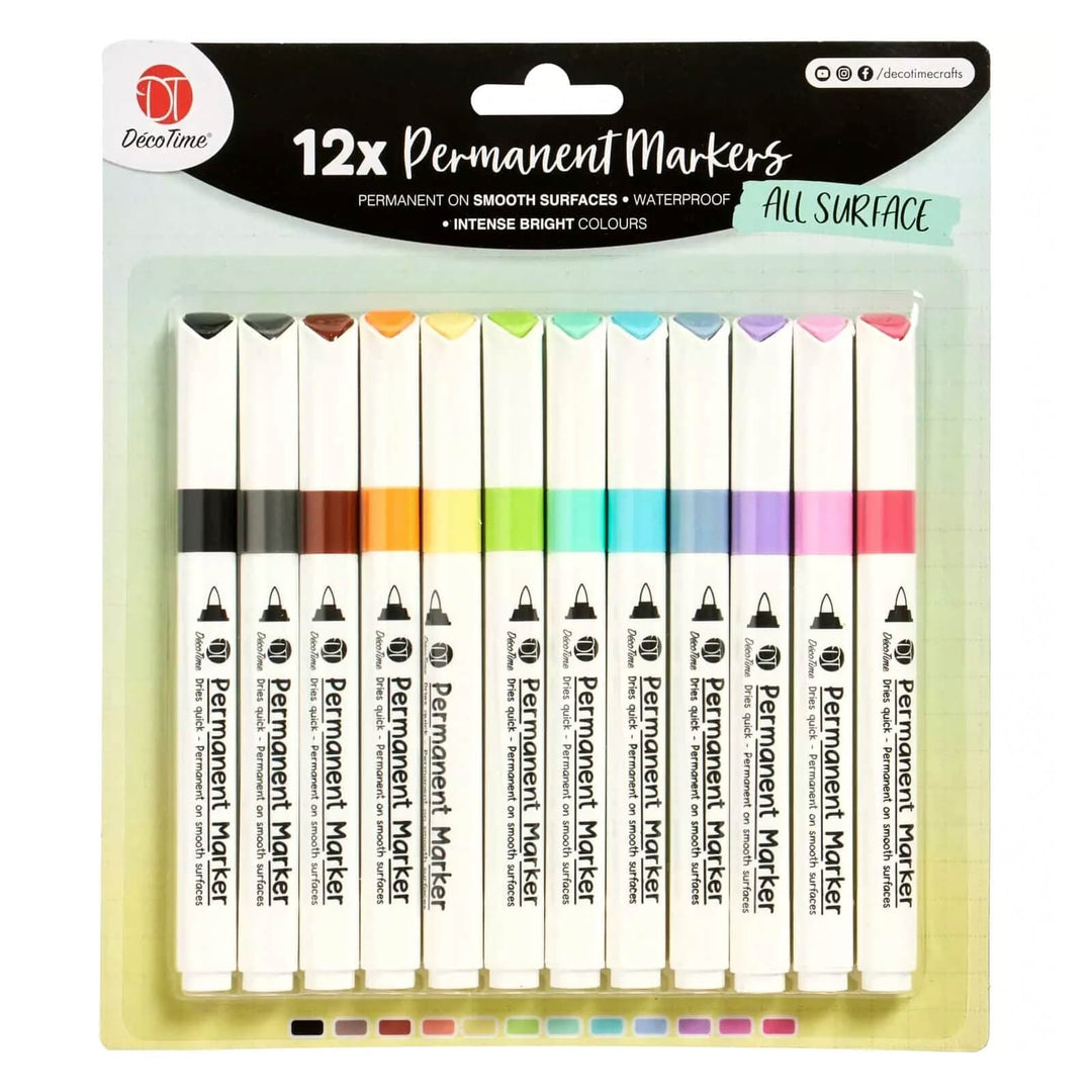 Pack of 12 coloured permanent markers for all surfaces