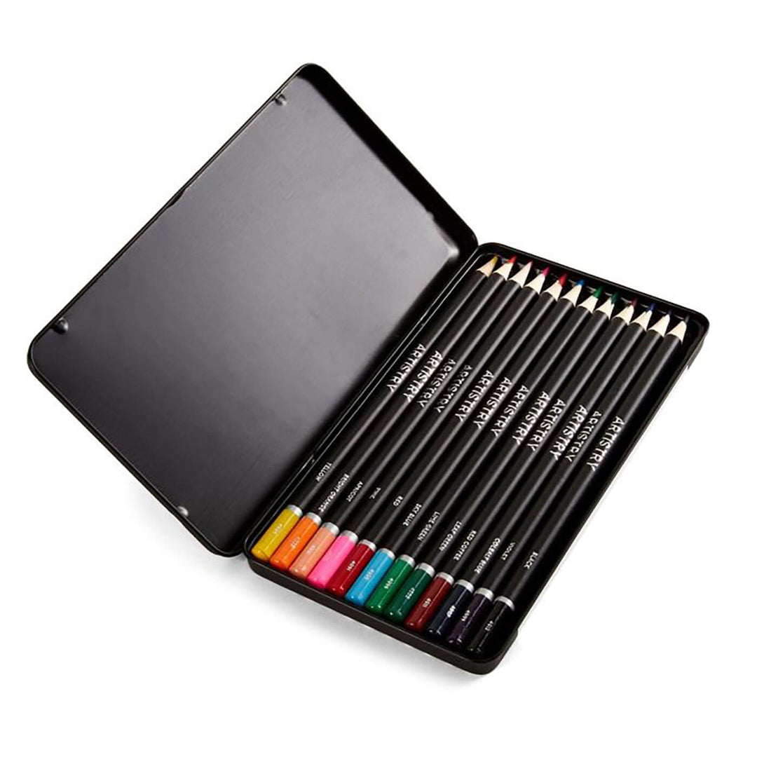 Black tin of 12 coloured pencils for arts and hobbies