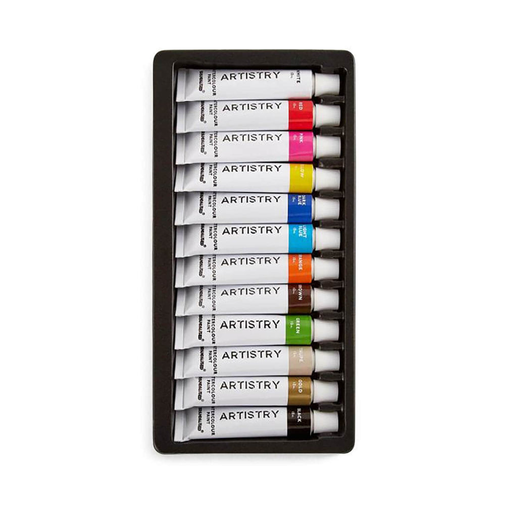 set of 12 different coloured watercolour paints for arts and crafts