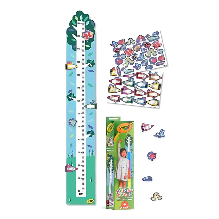 Contents of a Crayola Height Chart with sickers sheets and coloured crayons