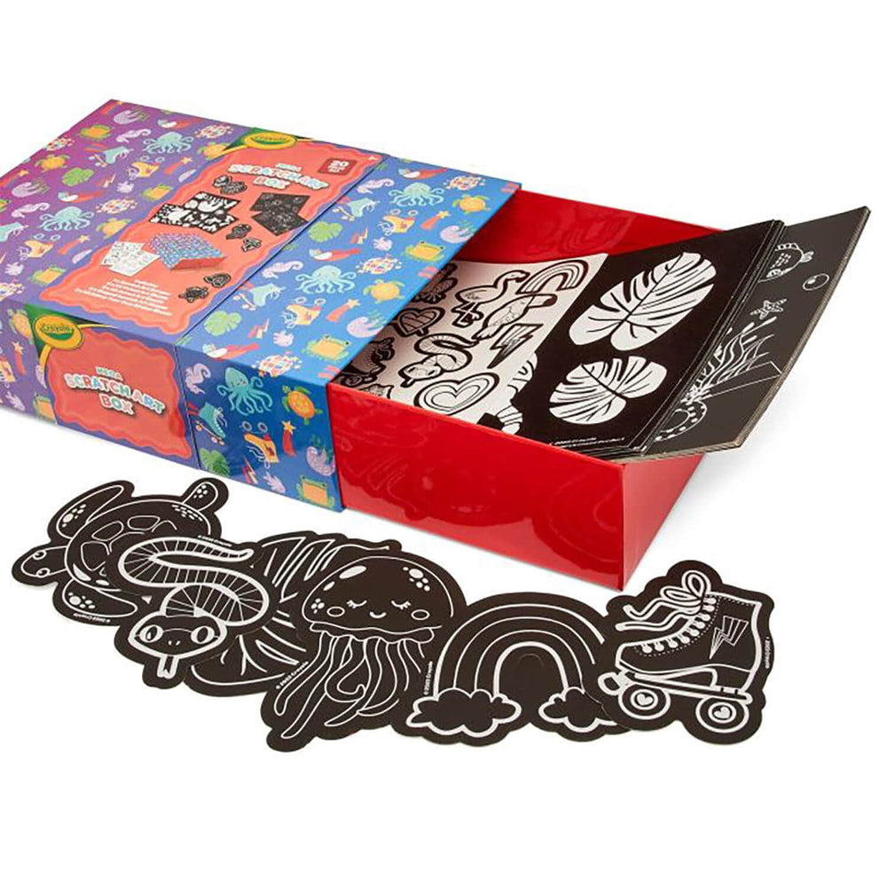 Mega Scartch Art box open to show black and white scratch art sheets