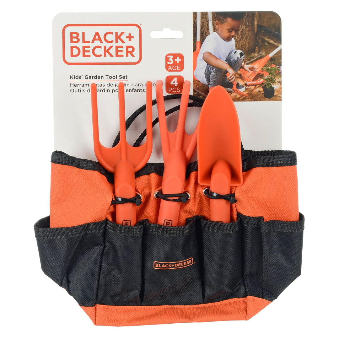 Black + Decker kids' garden tool set with black and orange garden bag