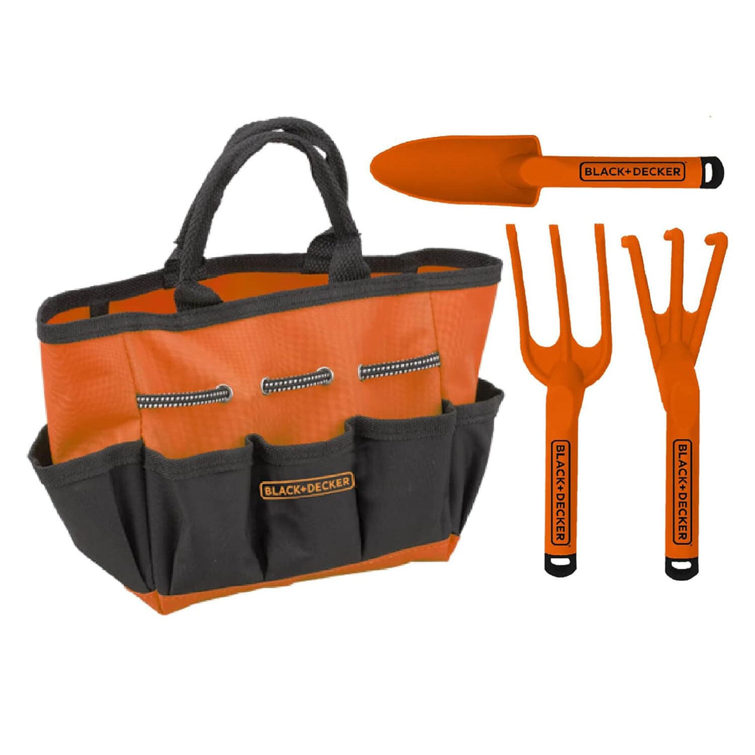 Orange and black garden bag with 3 hand tools