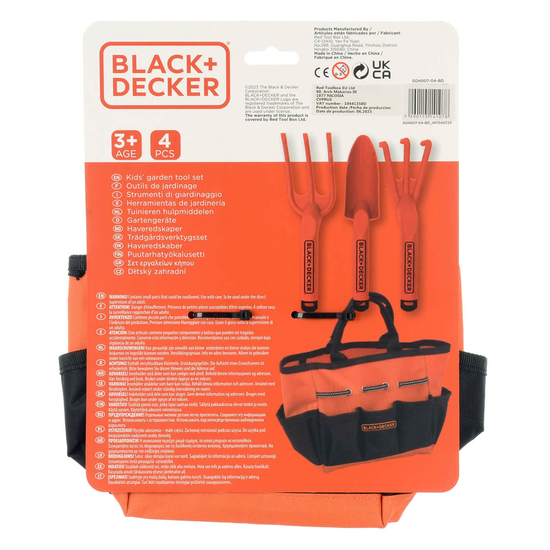 Back of the pack of Black + Decker set of 4 garden tools