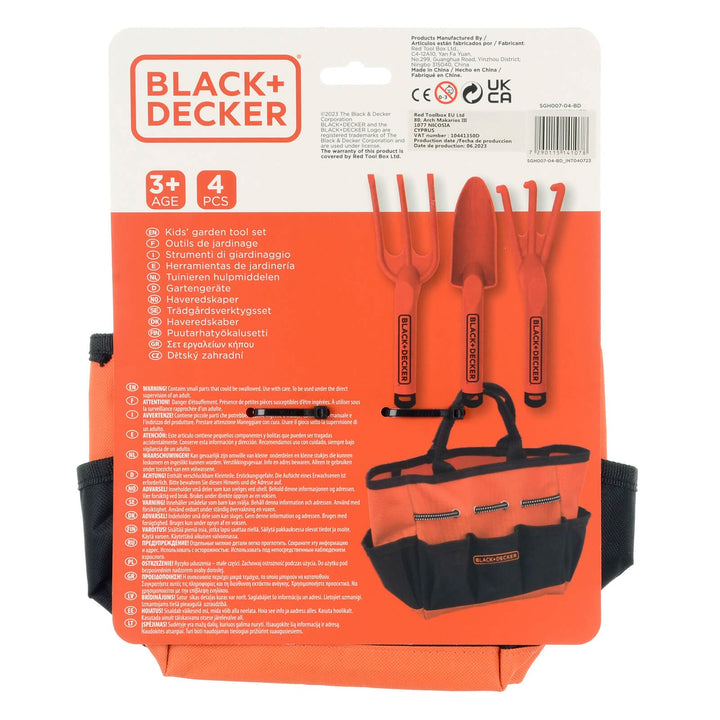 Back of the pack of Black + Decker set of 4 garden tools