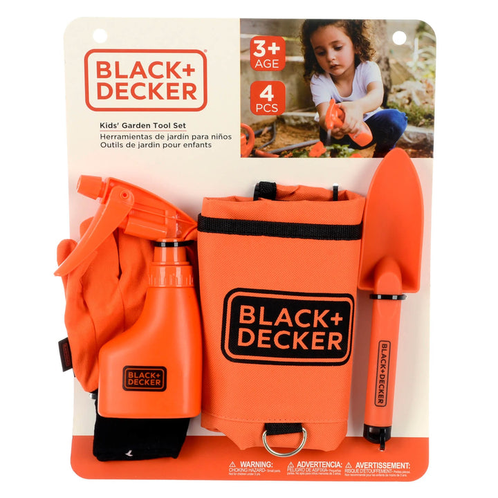 Black + Decker kids gardening set with apron spray gloves and trowel