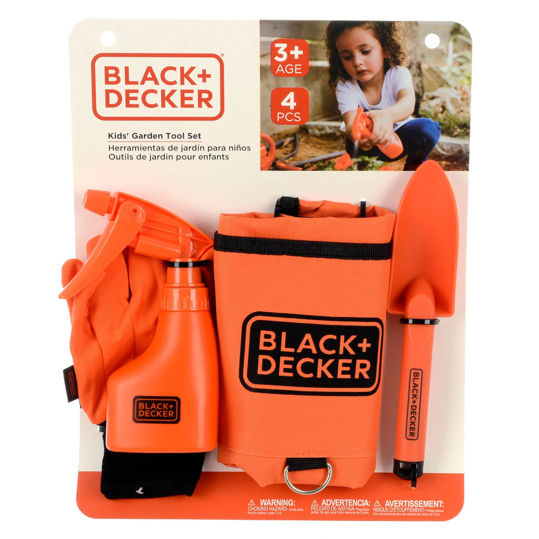 Black + Decker kids gardening set with apron spray gloves and trowel