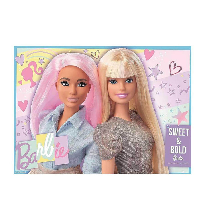 2 Barbie dolls with pink and blonnde hair and Sweet & Bold slogan