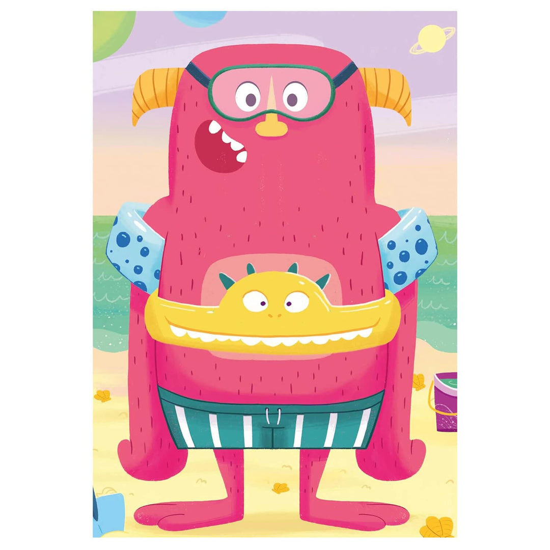 Bright pink monster design with goggles and striped shorts